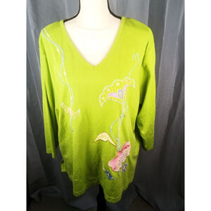 Women's Indigo Moon Green Multi-color Floral Embroidered top XL